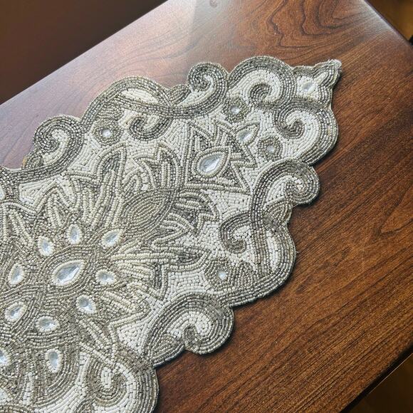 Pier 1 Hand Beaded Table Runner White Silver Luxury Tableware 12x39” - Picture 4 of 16